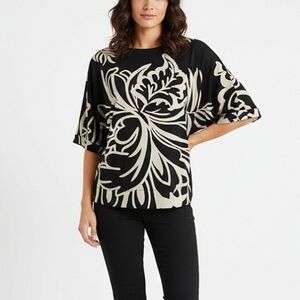 Adrianna Papell Floral Cropped Top Womens Size Medium Black Tan Round Neck